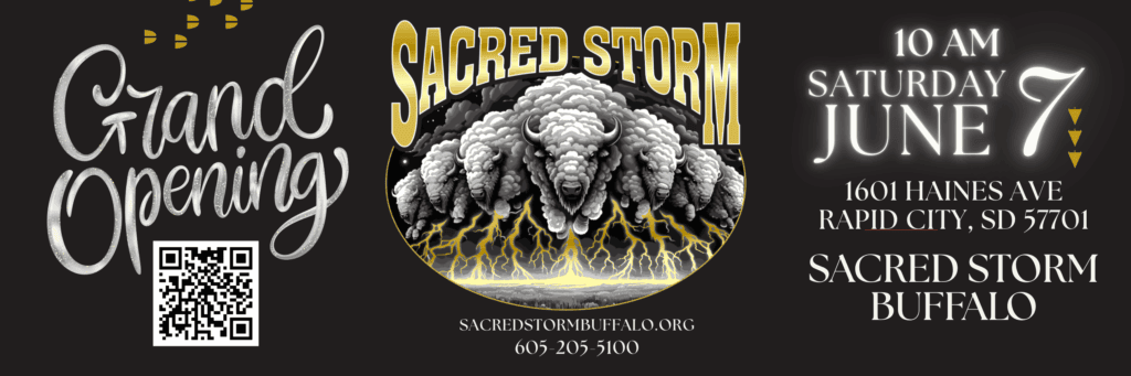 Black background illustrative grand opening with sacred storm buffalo logo in center details of June 7, 2025 at 10 AM at 1601 Haines Ave